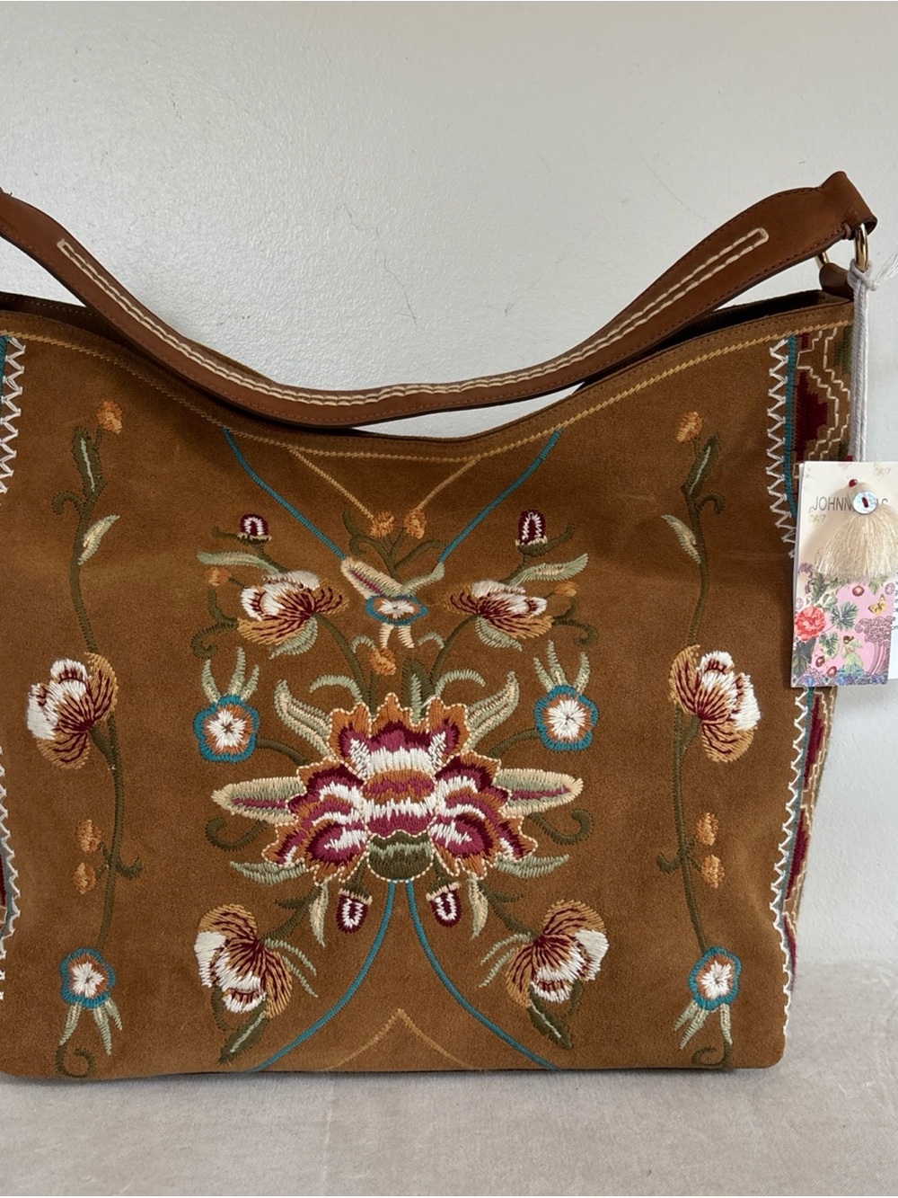Johnny Was Large Tan Suede Embroidered Hobo Shoulder Bag Retail $525